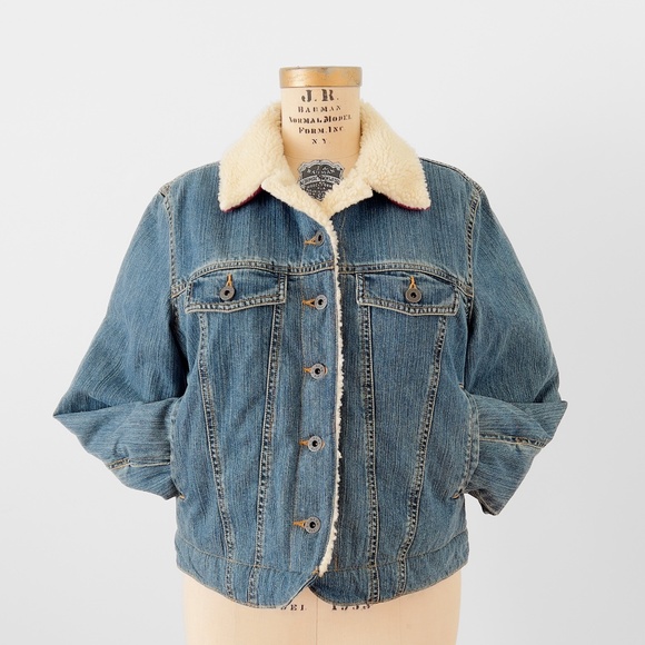 LL Bean Denim Sherpa Lined Jean Chore Barn Jacket Size Medium Petite Western - Picture 1 of 12